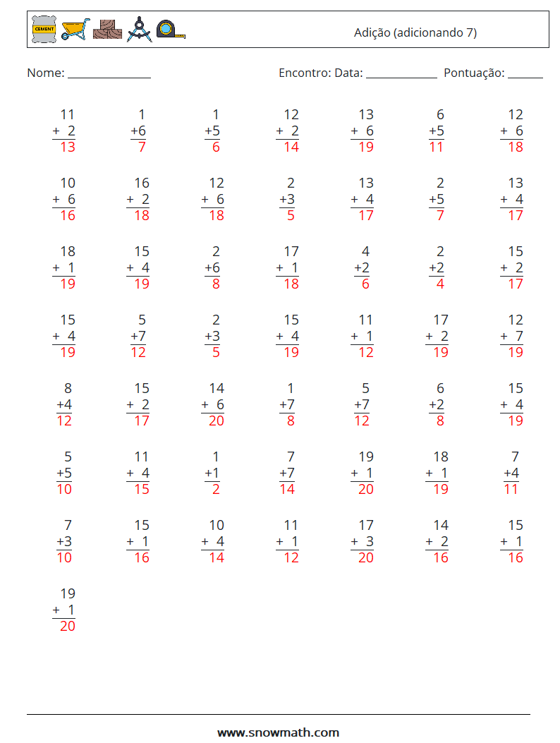 (50) Adição (adicionando 7) planilhas matemáticas 10 Pergunta, Resposta