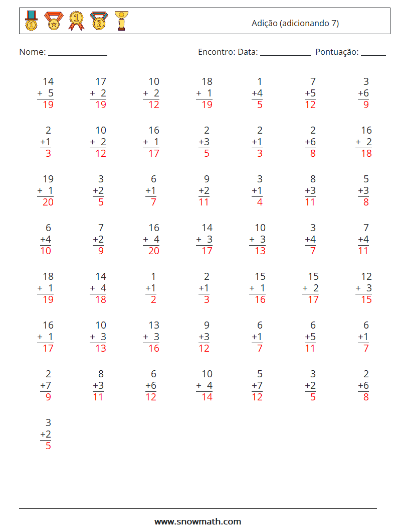 (50) Adição (adicionando 7) planilhas matemáticas 11 Pergunta, Resposta