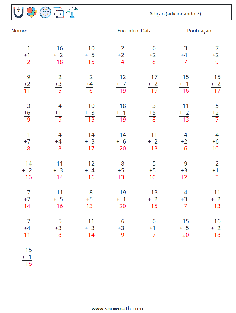 (50) Adição (adicionando 7) planilhas matemáticas 12 Pergunta, Resposta