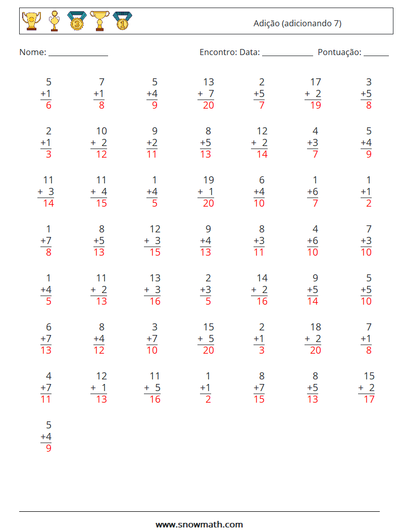 (50) Adição (adicionando 7) planilhas matemáticas 13 Pergunta, Resposta