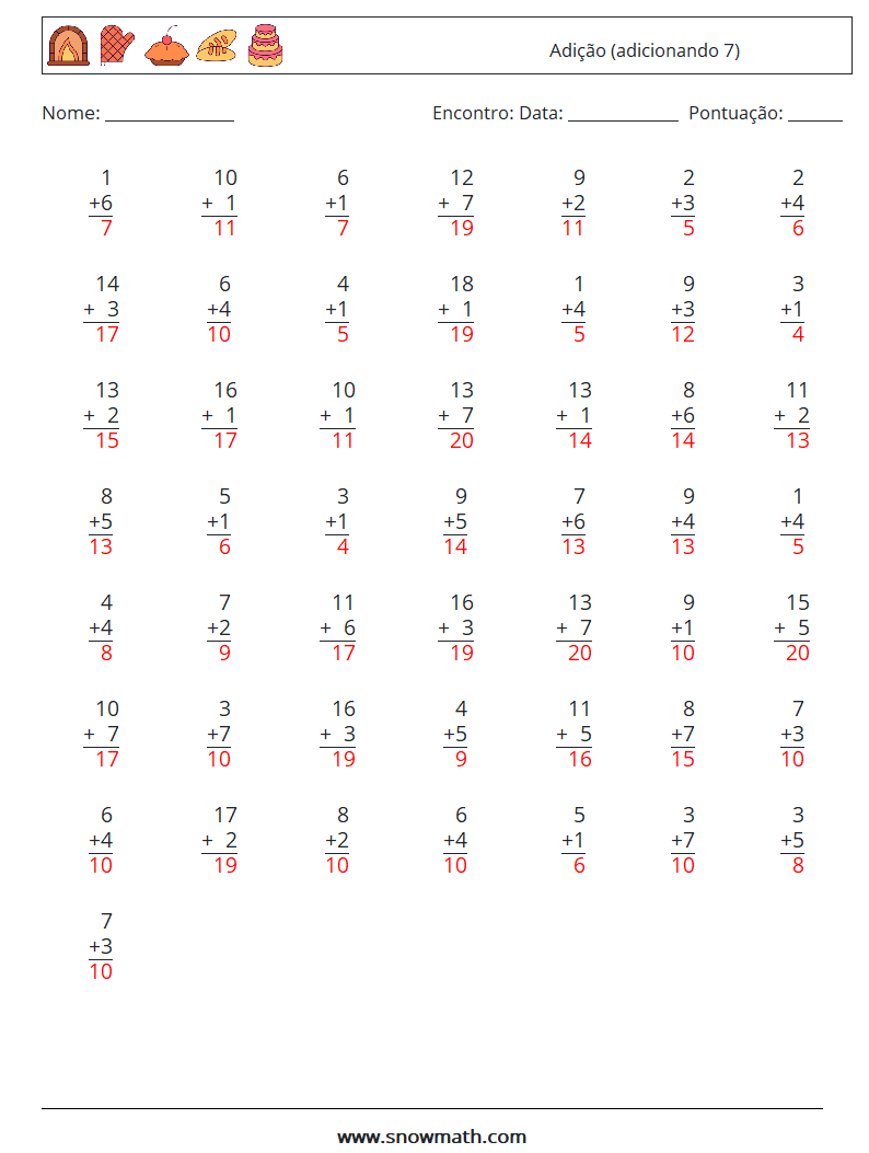 (50) Adição (adicionando 7) planilhas matemáticas 15 Pergunta, Resposta