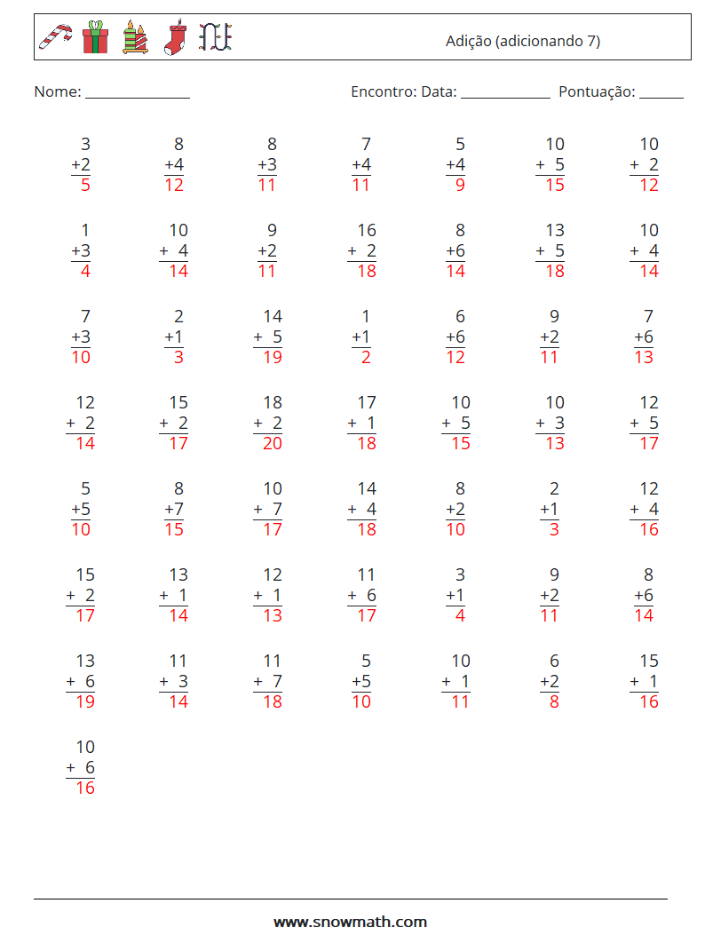 (50) Adição (adicionando 7) planilhas matemáticas 16 Pergunta, Resposta