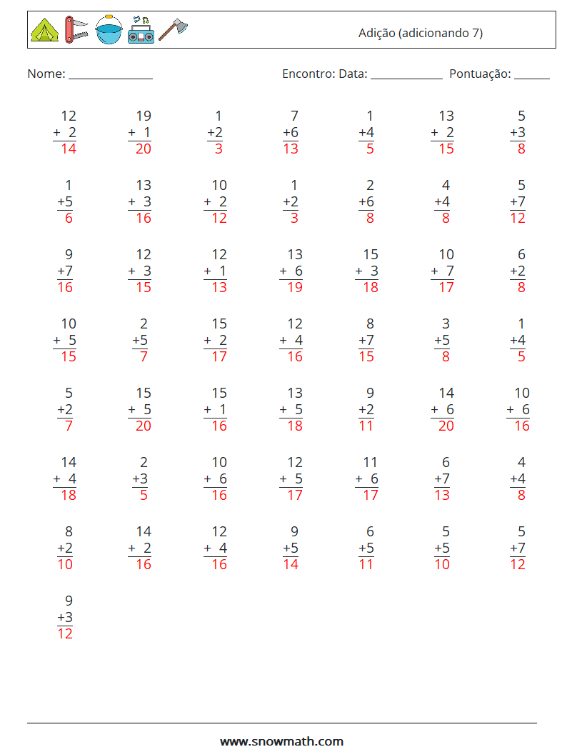 (50) Adição (adicionando 7) planilhas matemáticas 17 Pergunta, Resposta