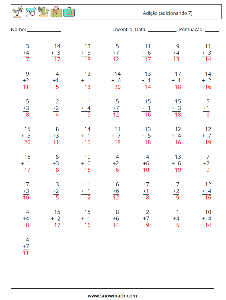 (50) Adição (adicionando 7) planilhas matemáticas 18 Pergunta, Resposta