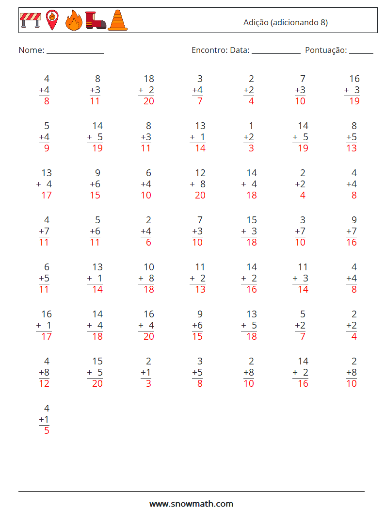 (50) Adição (adicionando 8) planilhas matemáticas 11 Pergunta, Resposta