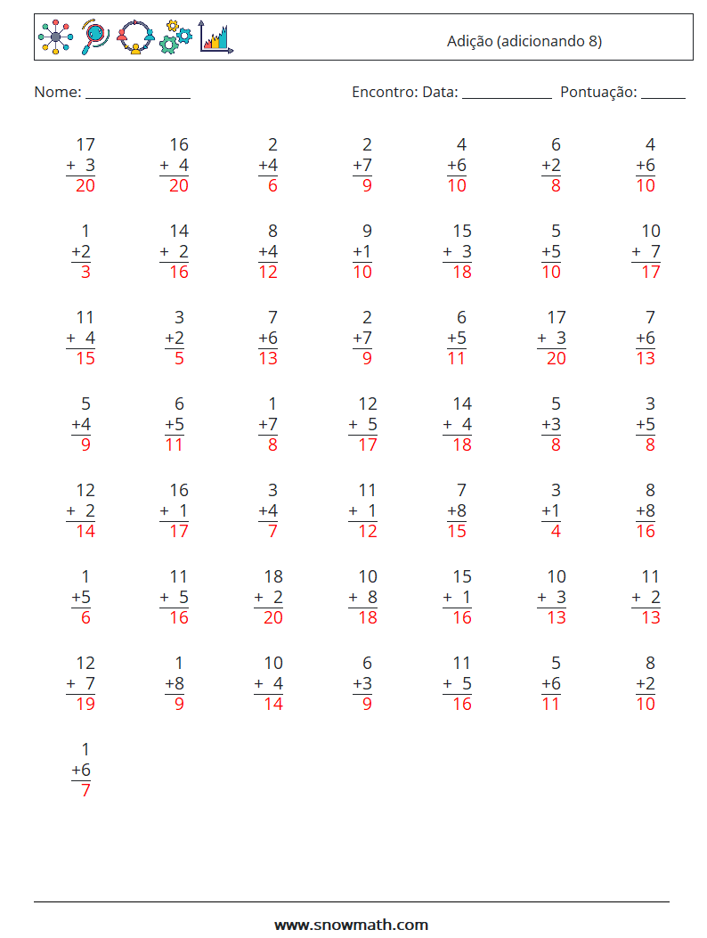 (50) Adição (adicionando 8) planilhas matemáticas 15 Pergunta, Resposta