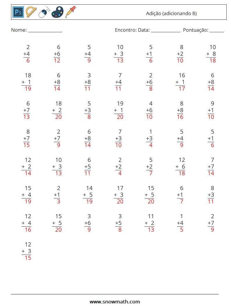 (50) Adição (adicionando 8) planilhas matemáticas 16 Pergunta, Resposta