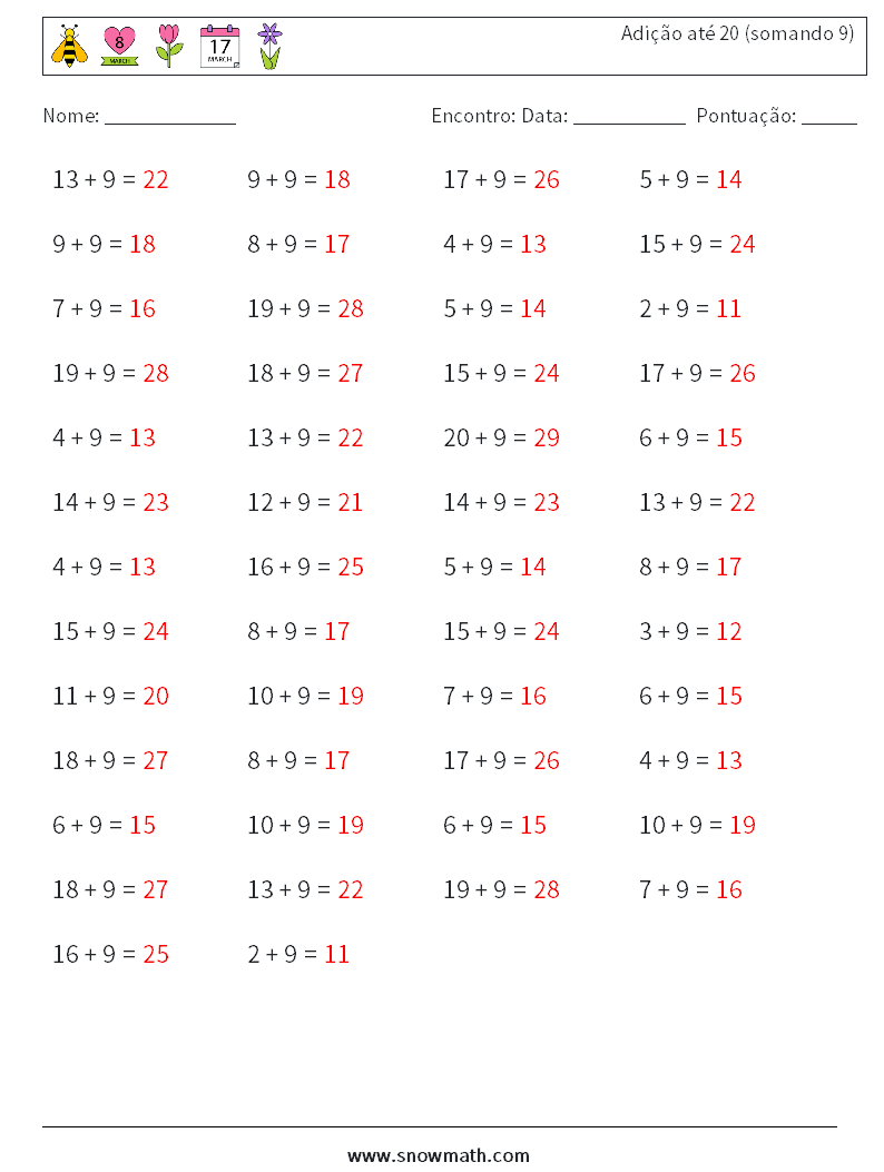 (50) Adição até 20 (somando 9) planilhas matemáticas 2 Pergunta, Resposta
