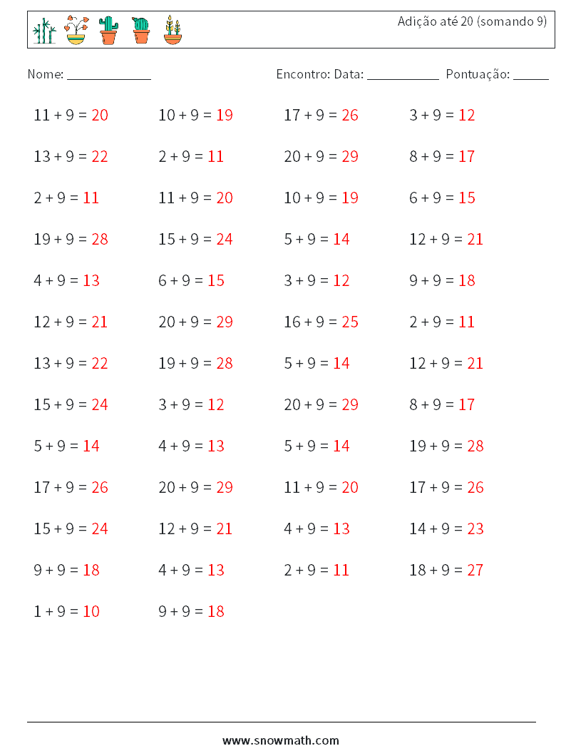 (50) Adição até 20 (somando 9) planilhas matemáticas 8 Pergunta, Resposta