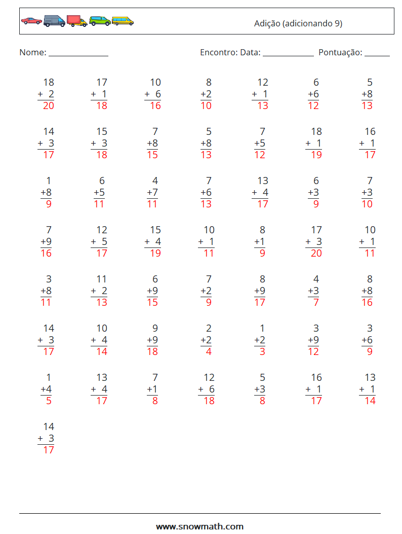 (50) Adição (adicionando 9) planilhas matemáticas 10 Pergunta, Resposta