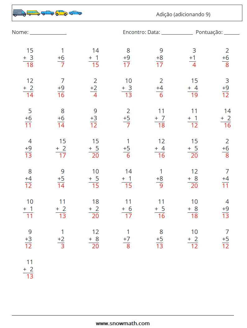 (50) Adição (adicionando 9) planilhas matemáticas 11 Pergunta, Resposta