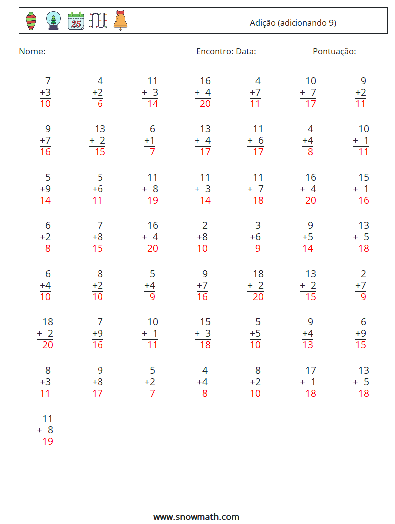 (50) Adição (adicionando 9) planilhas matemáticas 13 Pergunta, Resposta