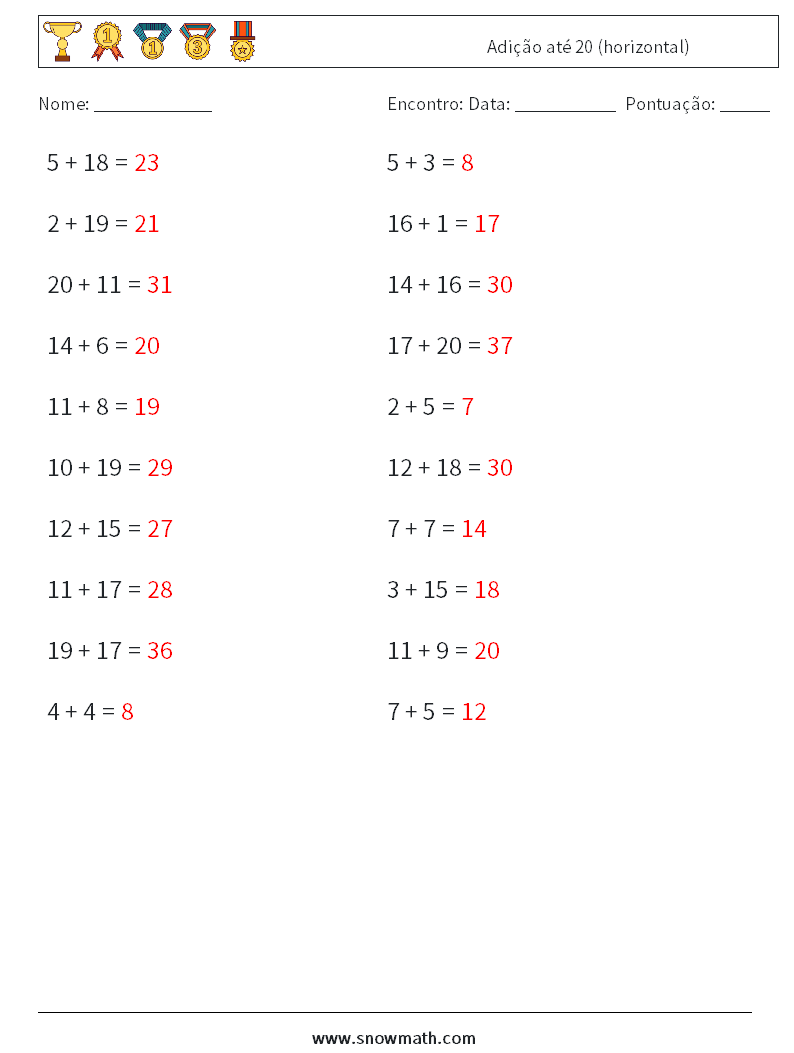 (20) Adição até 20 (horizontal) planilhas matemáticas 1 Pergunta, Resposta