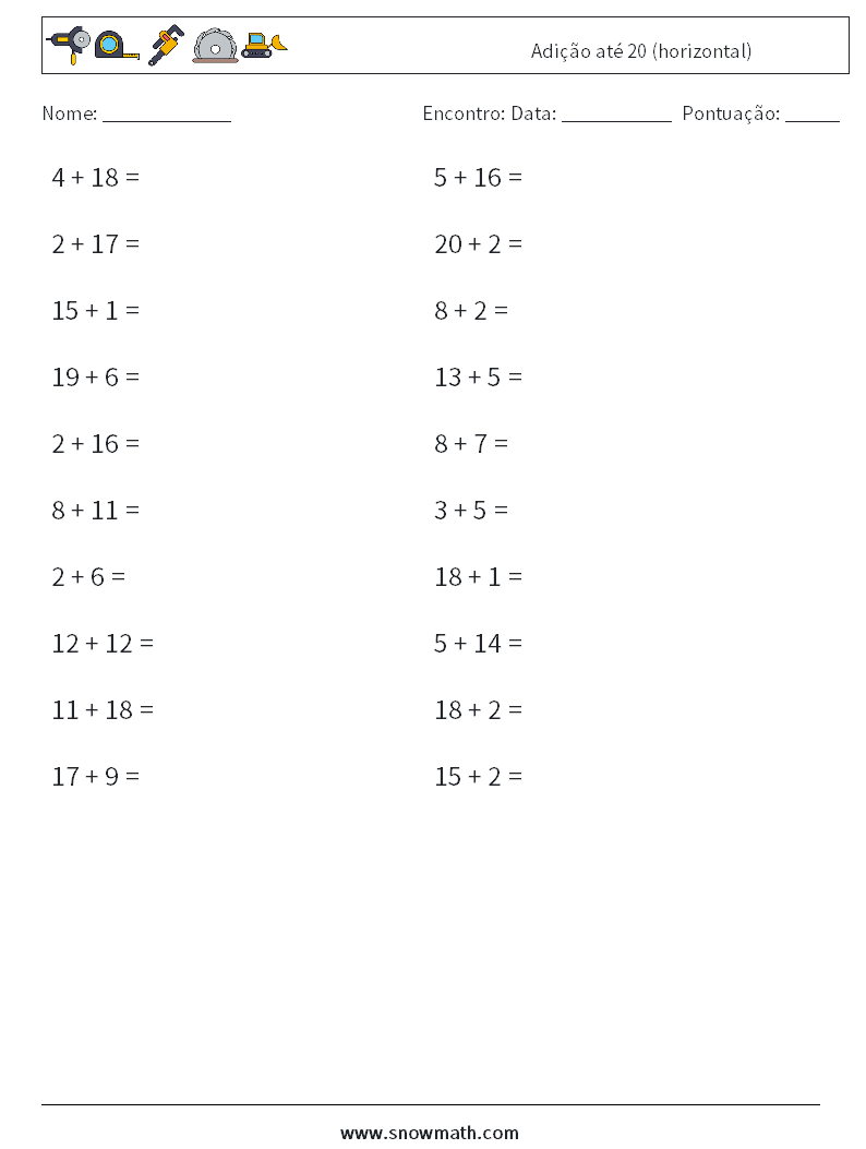 (20) Adição até 20 (horizontal) planilhas matemáticas 3