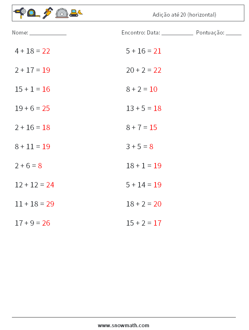 (20) Adição até 20 (horizontal) planilhas matemáticas 3 Pergunta, Resposta