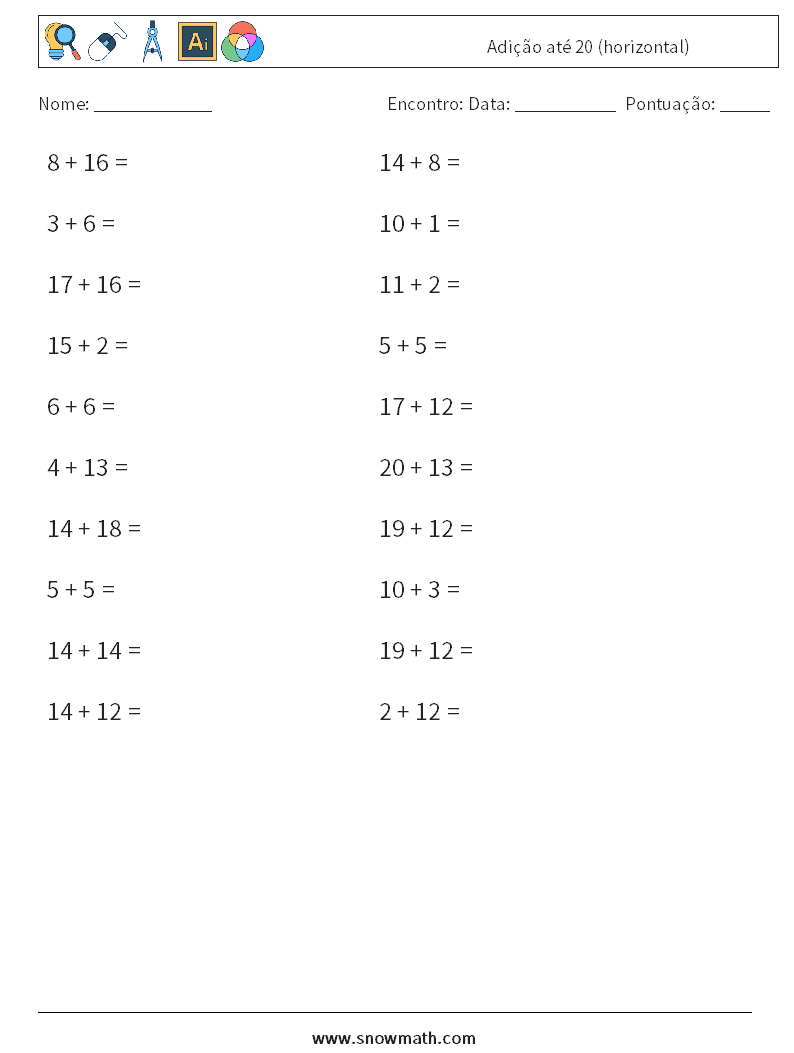 (20) Adição até 20 (horizontal) planilhas matemáticas 4