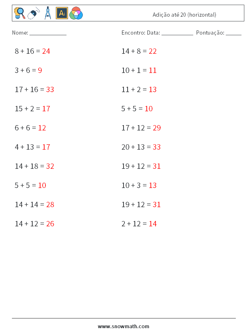(20) Adição até 20 (horizontal) planilhas matemáticas 4 Pergunta, Resposta