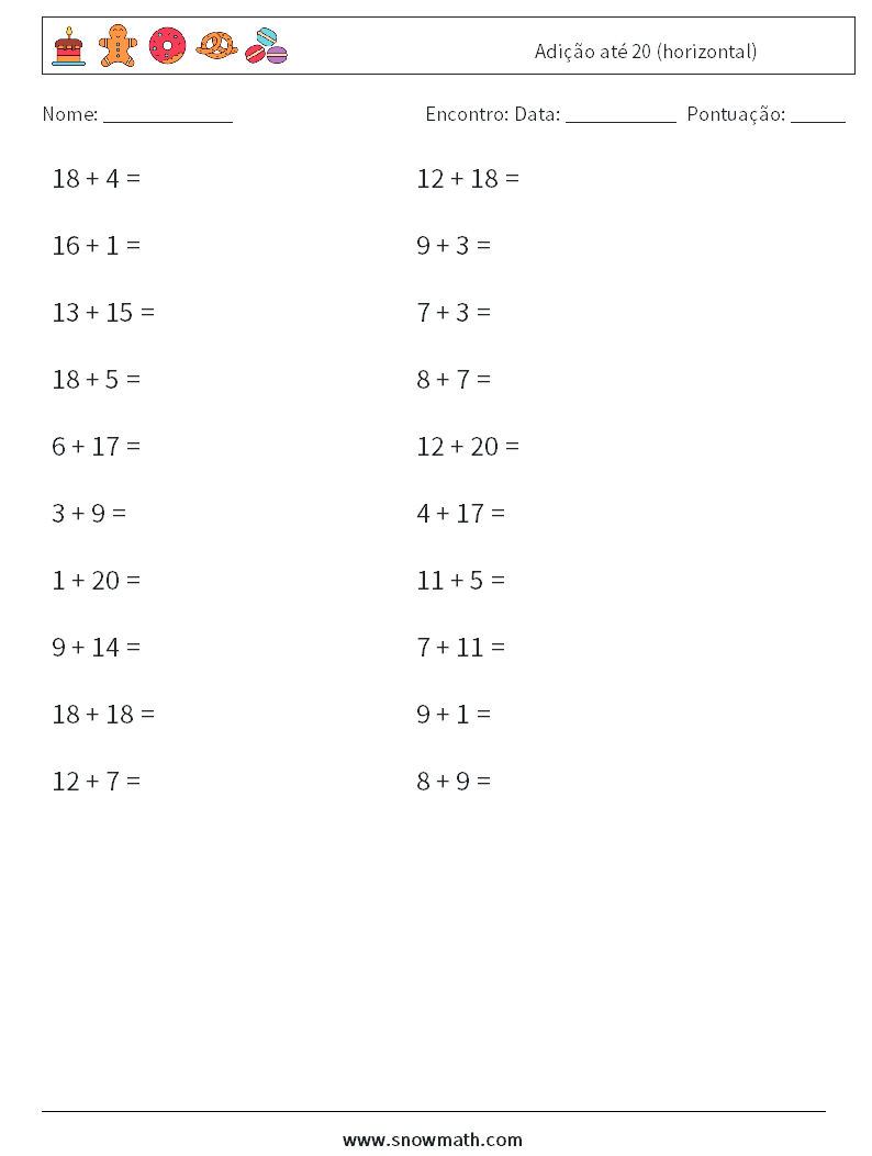 (20) Adição até 20 (horizontal) planilhas matemáticas 5