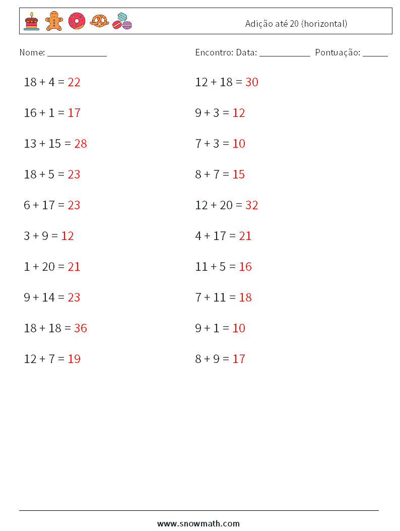 (20) Adição até 20 (horizontal) planilhas matemáticas 5 Pergunta, Resposta