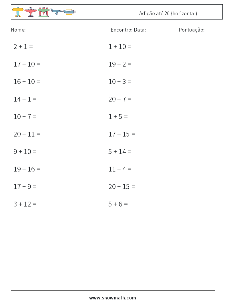 (20) Adição até 20 (horizontal) planilhas matemáticas 6