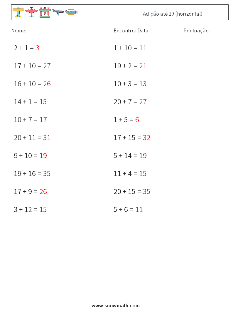 (20) Adição até 20 (horizontal) planilhas matemáticas 6 Pergunta, Resposta