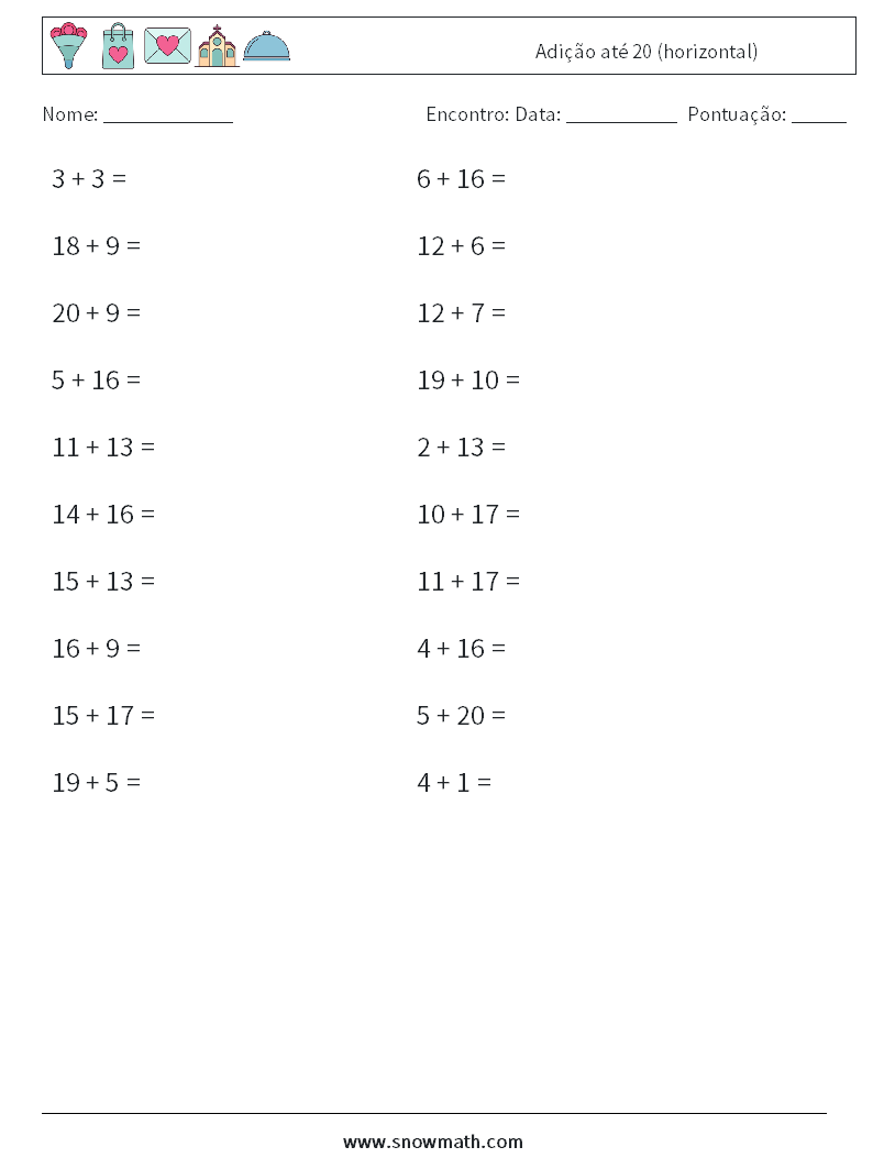 (20) Adição até 20 (horizontal) planilhas matemáticas 7