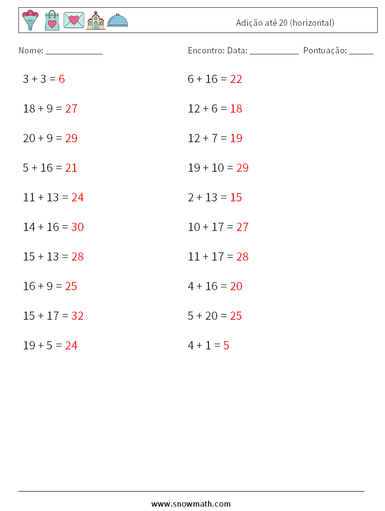 (20) Adição até 20 (horizontal) planilhas matemáticas 7 Pergunta, Resposta
