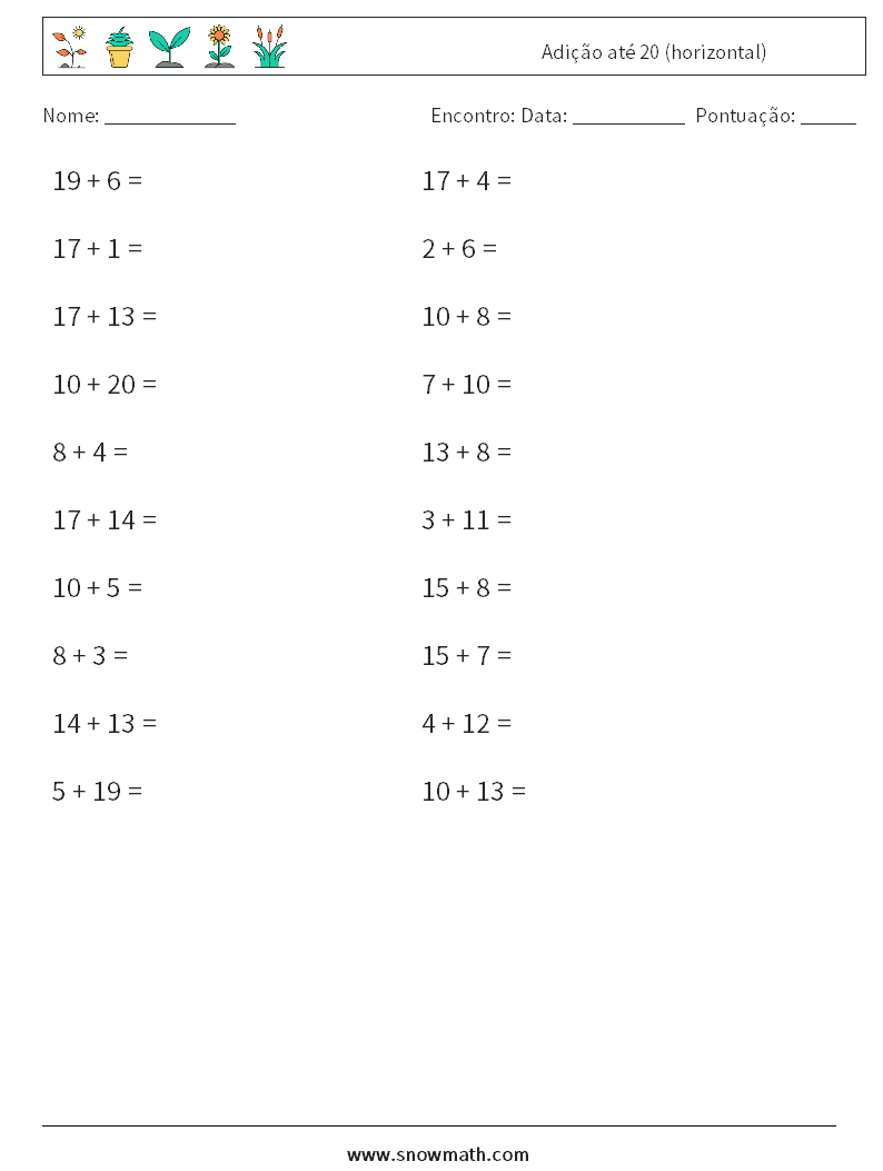 (20) Adição até 20 (horizontal) planilhas matemáticas 8
