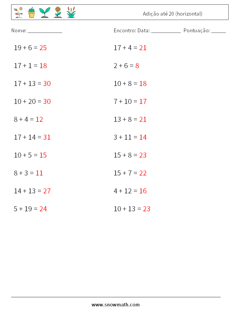 (20) Adição até 20 (horizontal) planilhas matemáticas 8 Pergunta, Resposta