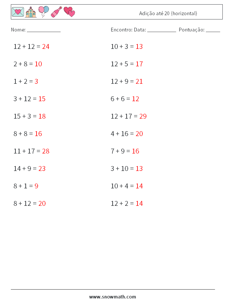 (20) Adição até 20 (horizontal) planilhas matemáticas 9 Pergunta, Resposta