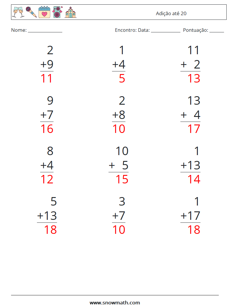 (12) Adição até 20 planilhas matemáticas 10 Pergunta, Resposta