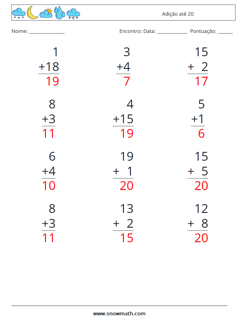 (12) Adição até 20 planilhas matemáticas 11 Pergunta, Resposta