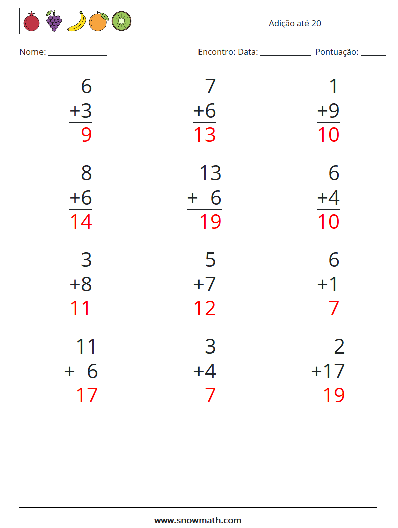 (12) Adição até 20 planilhas matemáticas 12 Pergunta, Resposta