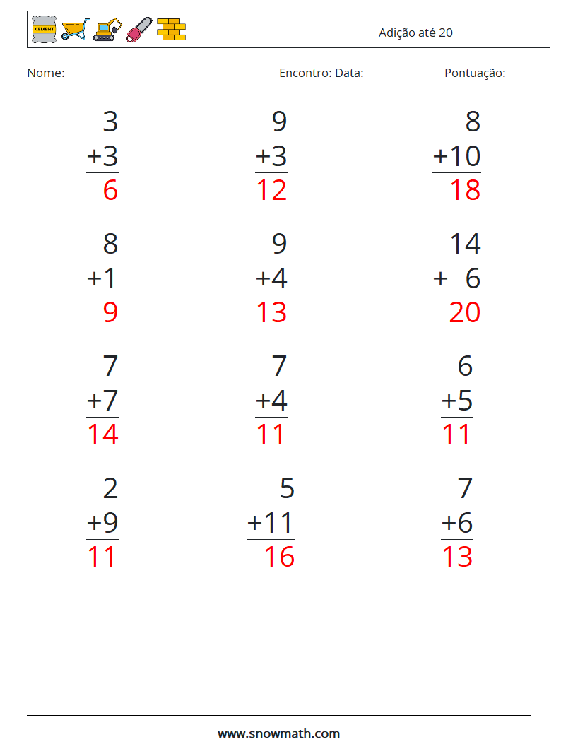 (12) Adição até 20 planilhas matemáticas 13 Pergunta, Resposta