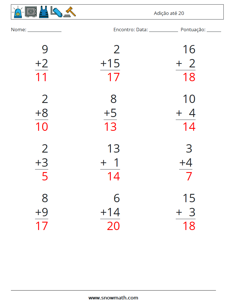 (12) Adição até 20 planilhas matemáticas 14 Pergunta, Resposta