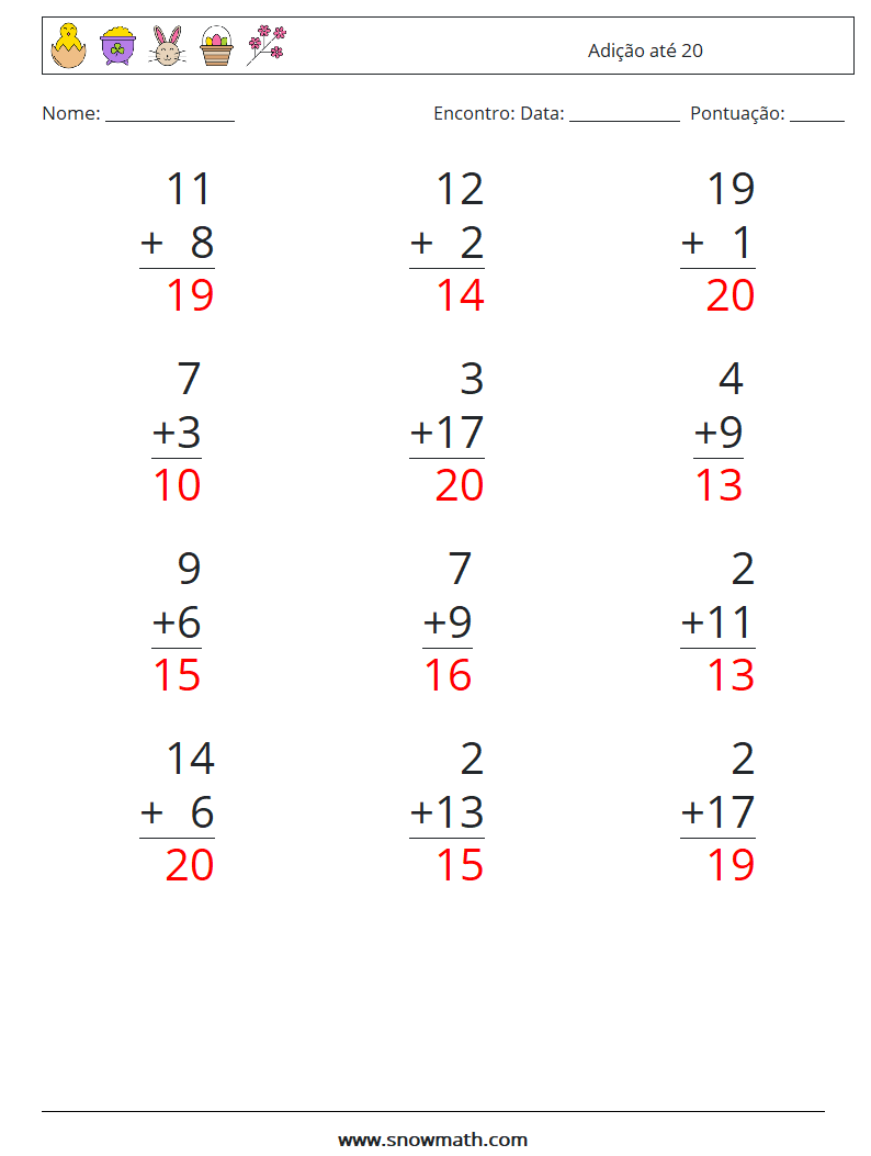 (12) Adição até 20 planilhas matemáticas 15 Pergunta, Resposta