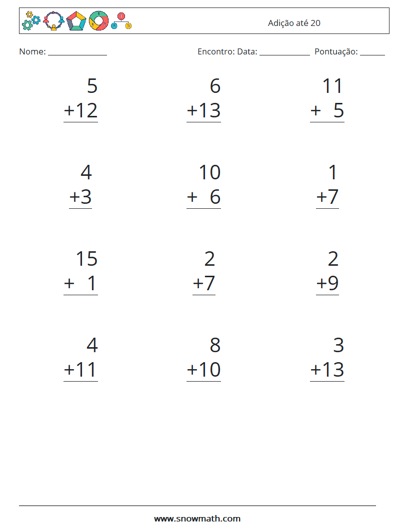 (12) Adição até 20 planilhas matemáticas 16