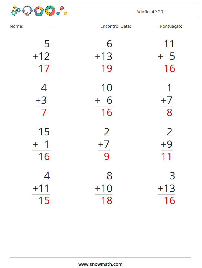 (12) Adição até 20 planilhas matemáticas 16 Pergunta, Resposta