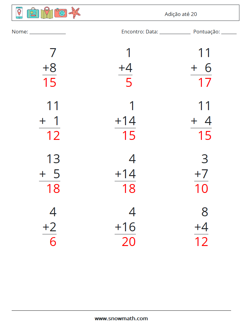 (12) Adição até 20 planilhas matemáticas 17 Pergunta, Resposta