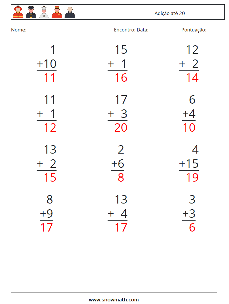 (12) Adição até 20 planilhas matemáticas 18 Pergunta, Resposta