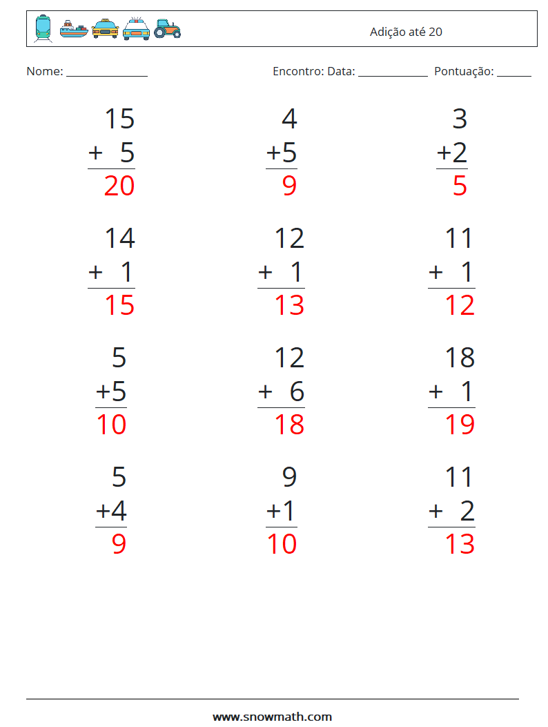 (12) Adição até 20 planilhas matemáticas 3 Pergunta, Resposta