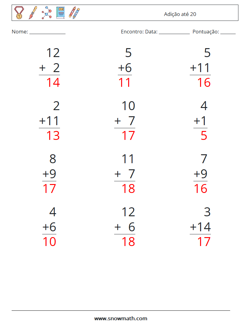 (12) Adição até 20 planilhas matemáticas 6 Pergunta, Resposta