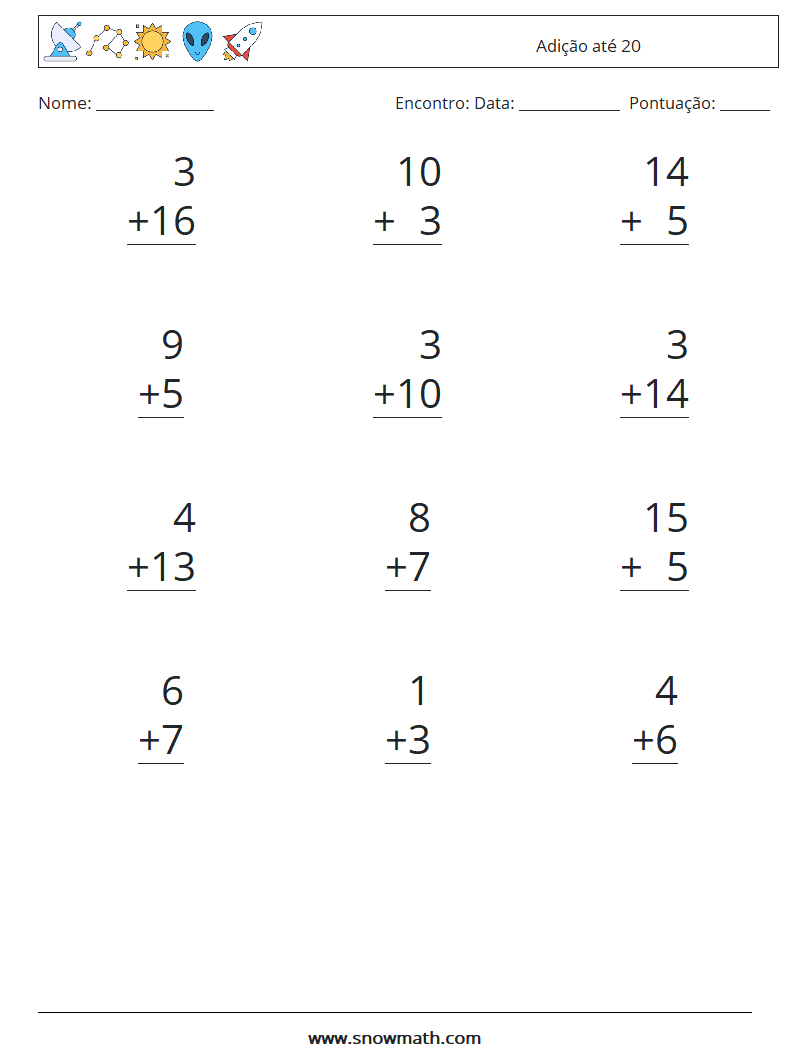 (12) Adição até 20 planilhas matemáticas 9