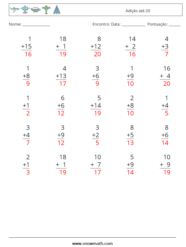 (25) Adição até 20 planilhas matemáticas 17 Pergunta, Resposta