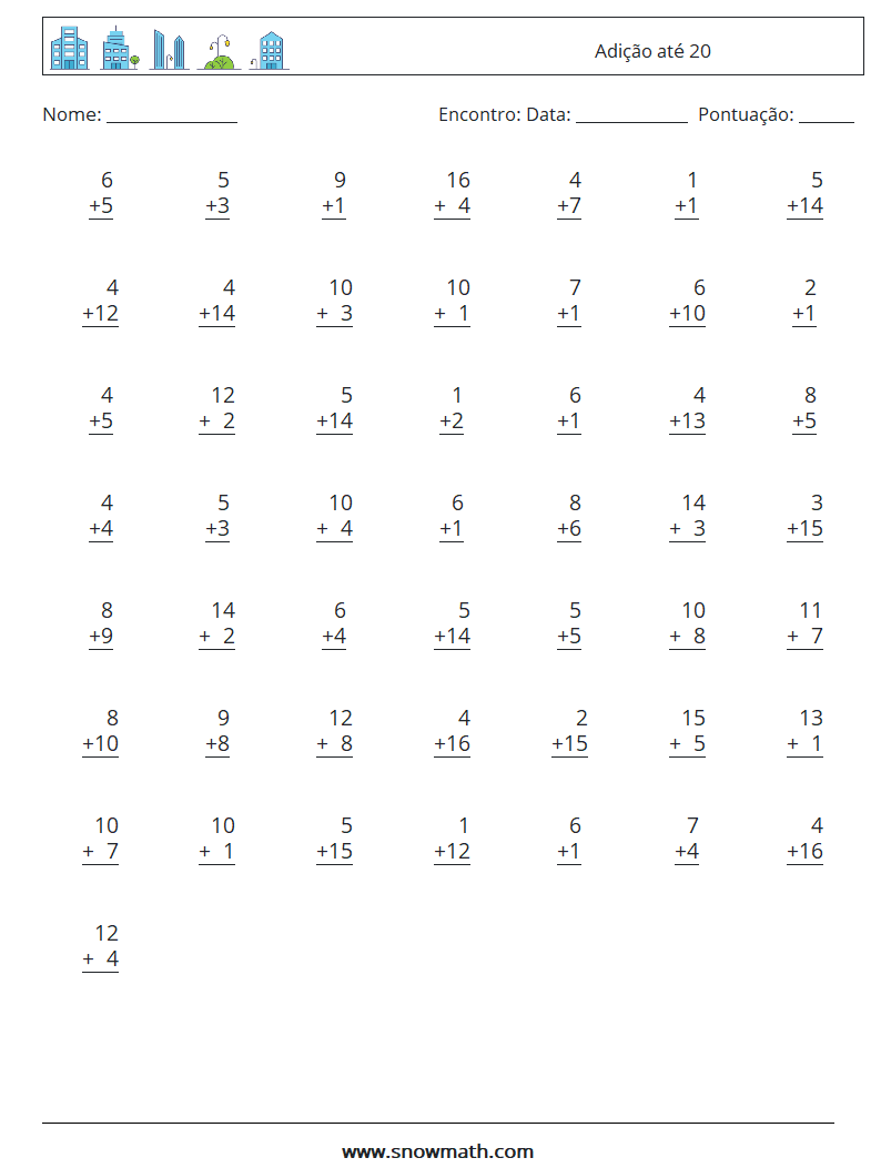 (50) Adição até 20 planilhas matemáticas 16