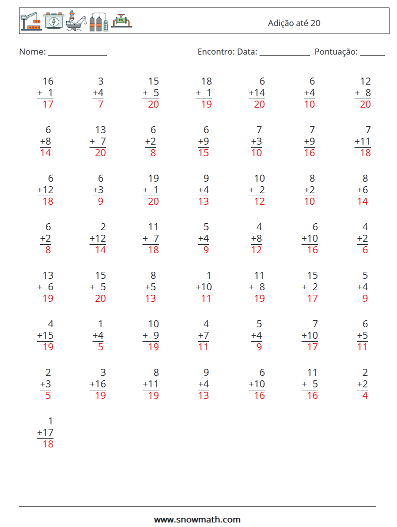 (50) Adição até 20 planilhas matemáticas 1 Pergunta, Resposta