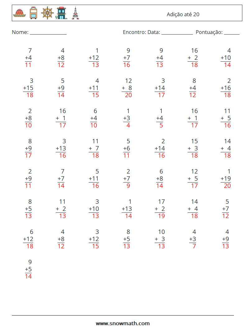 (50) Adição até 20 planilhas matemáticas 2 Pergunta, Resposta