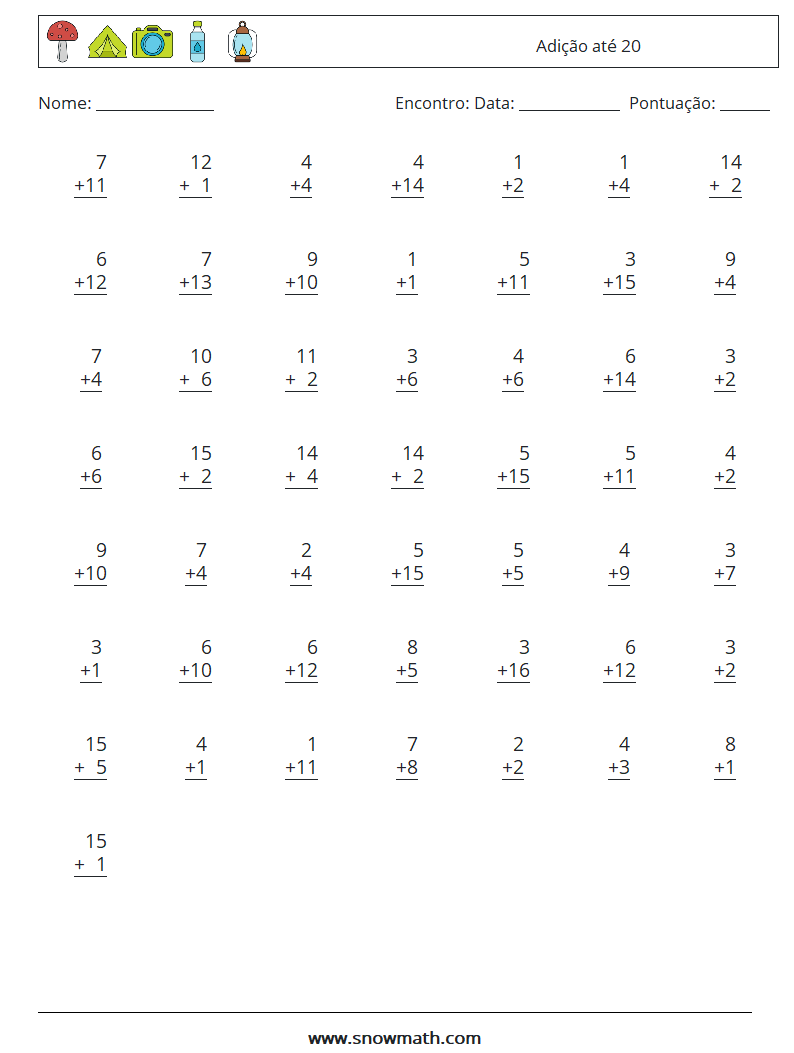 (50) Adição até 20 planilhas matemáticas 5