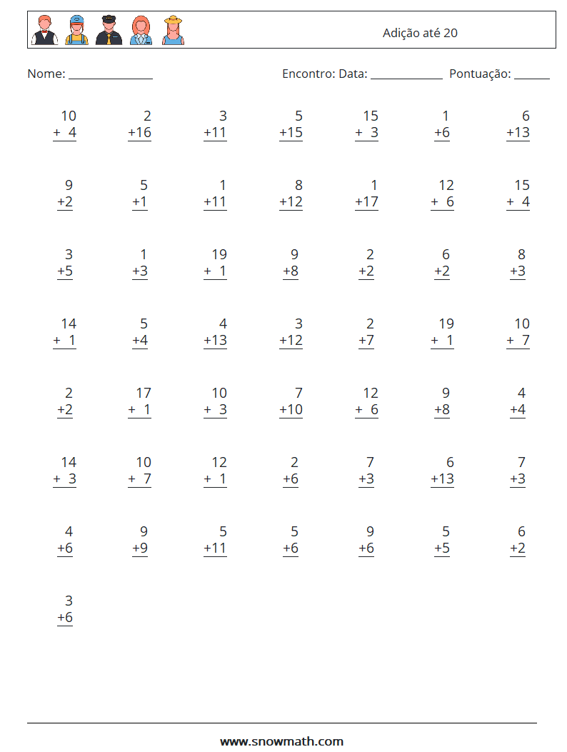(50) Adição até 20 planilhas matemáticas 6