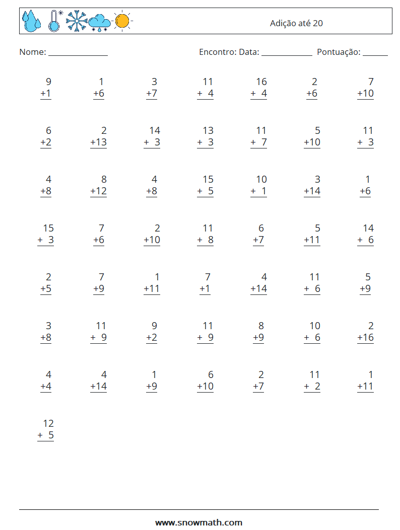 (50) Adição até 20 planilhas matemáticas 9